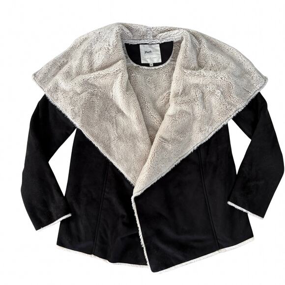 Euro Y2K Sherpa Lined Waterfall Jacket Black Beige Cozy Winter Softcore 40/M - Picture 2 of 9